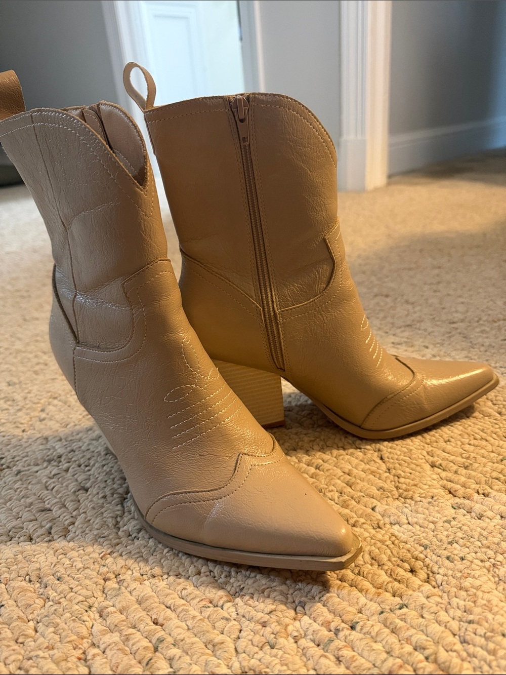Women's Tan Western-Inspired Ankle Boots with Block Heel